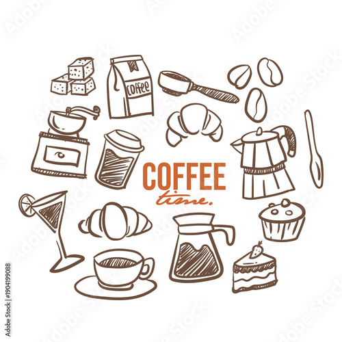 Hand Drawn Coffee Time Doodle Set with Beans, Croissant, Grinder and Moka Pot Vector Illustration