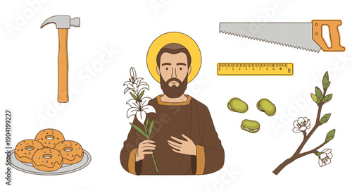 Medieval monk engaged in simple crafts and farming activities