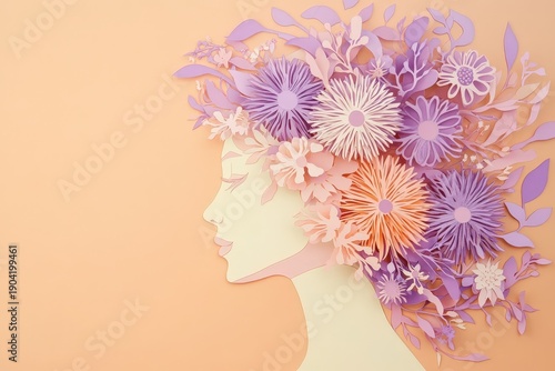Stylized profile of a woman featuring an elaborate paper cutout floral headdress against a soft background