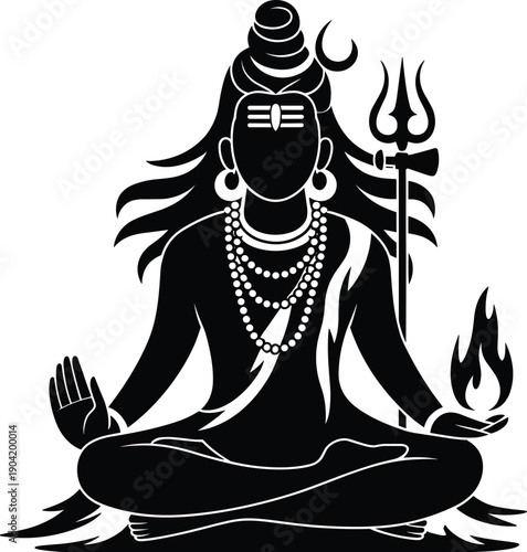 Lord Shiva meditation silhouette illustration featuring trident, sacred fire, yoga pose, Hindu god symbol, spiritual vector art design