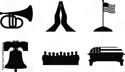American patriotic icon set featuring trumpet, praying hands, flag, liberty bell, diverse people, and flag draped coffin silhouettes vector illustration