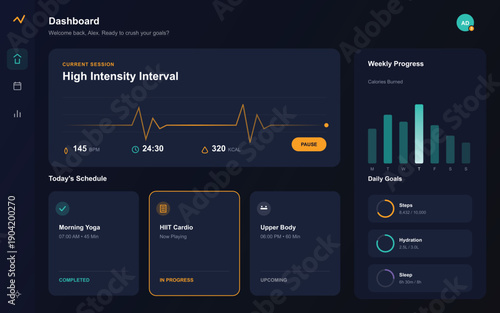 Modern Dark Theme Fitness and Health Tracking Dashboard UI