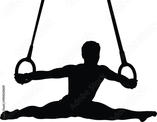 Male gymnast rings exercise silhouette, strength training athlete performing gymnastic routine, calisthenics workout illustration isolated on white background