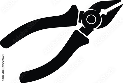 Pliers hand tool silhouette illustration, professional repair equipment icon, mechanical hardware symbol, black plier isolated on white background