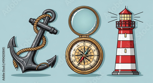 Nautical objects anchor compass and lighthouse illustration.