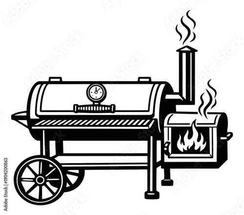 Line art illustration of a barbecue smoker depicting fire and smoke for outdoor cooking