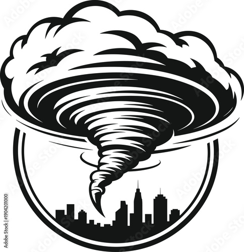 Tornado disaster icon over city skyline, storm cyclone silhouette illustration, extreme weather danger symbol isolated on white background