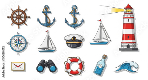 Nautical Maritime Objects Collection Isolated On White Background.