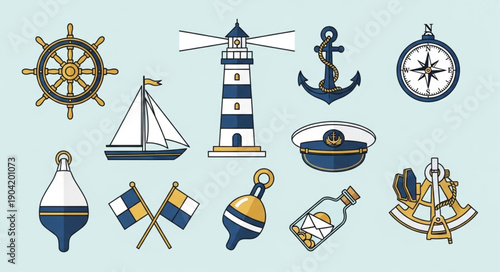Nautical Maritime Objects Collection Vector Illustration.