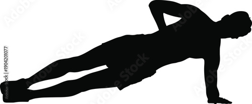 Fitness plank exercise silhouette, strong athlete core workout, bodyweight training pose, strength endurance concept, isolated white background