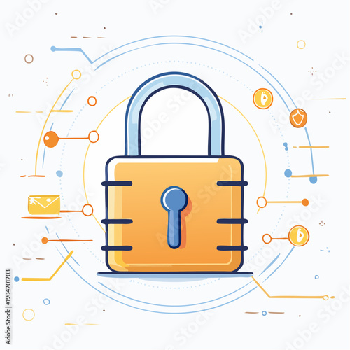 Secure lock icon with digital elements and cryptocurrency symbols.