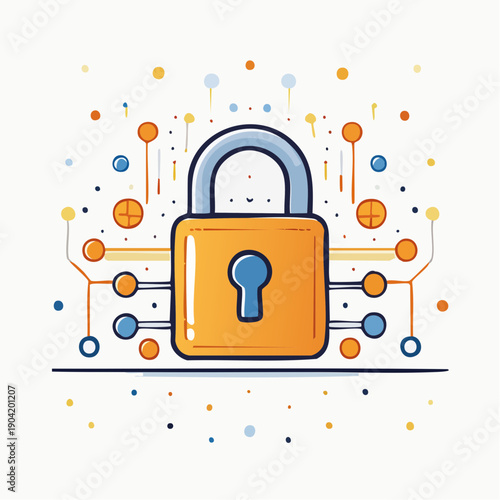 Secure lock icon with digital circuit elements.