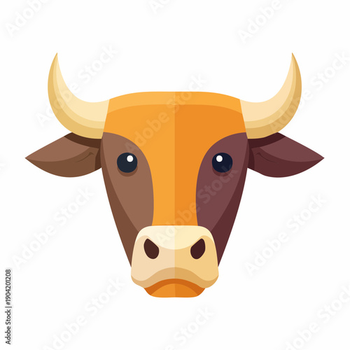 Cartoon cow head with horns and brown ears.