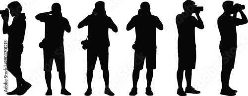 Photographer silhouette collection with camera shooting poses, professional photography concept, creative photographer actions isolated on white background illustration
