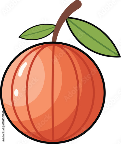 Stylized illustration of a plump, ripe orange or apricot with a single green leaf and stem.