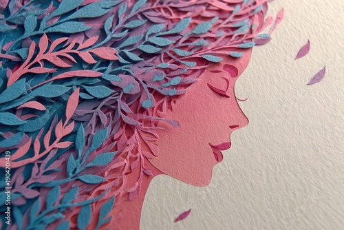 Profile portrait features a silhouette intricately adorned with layered botanical paper cuttings