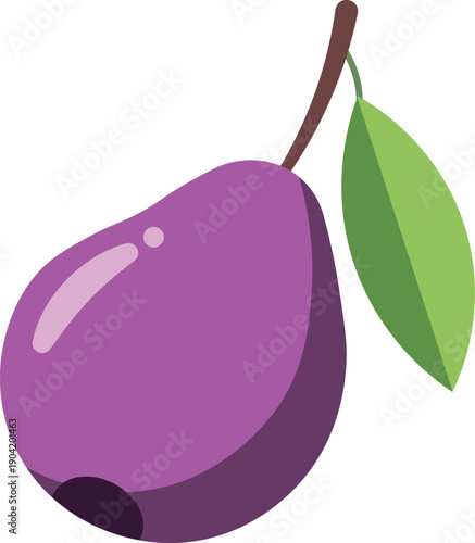 Stylized purple plum with a green leaf and stem, isolated on a clean white background.