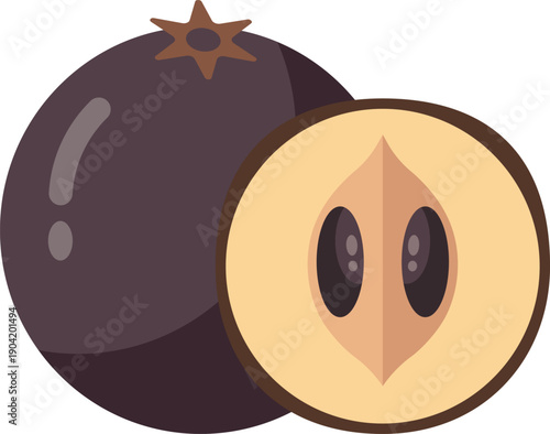 A whole plum and a halved plum showing its seed, in a flat design illustration style.