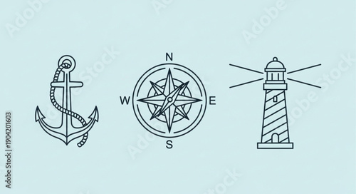 Nautical symbols anchor compass and lighthouse line art.