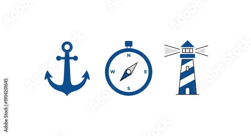 Nautical symbols anchor compass and lighthouse illustration.