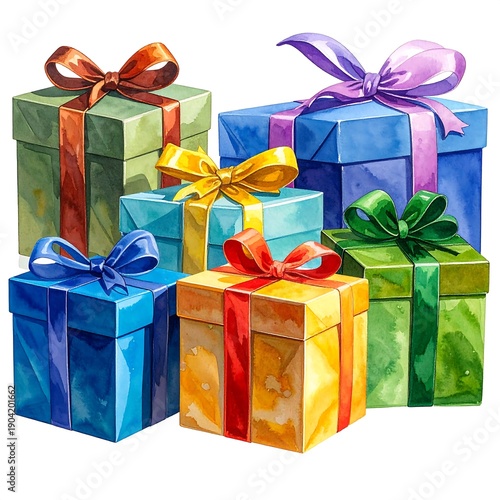 Watercolor depiction of vibrant, colorful gift boxes, tied with ribbons of varying colors, stacked on top of each other