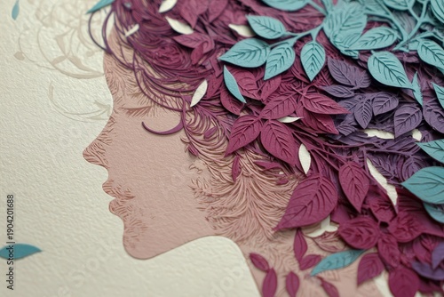 Detailed profile silhouette features layered paper foliage across the hair