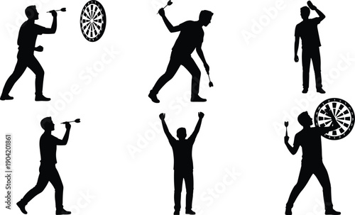 Black darts player silhouettes with dartboards, throwing action poses, sport competition icon, precision game illustration, victory celebration graphic