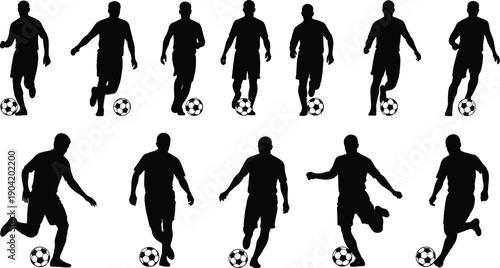 Large collection of soccer player silhouettes featuring male athletes in various action poses like running dribbling and kicking for sports fitness and competition.