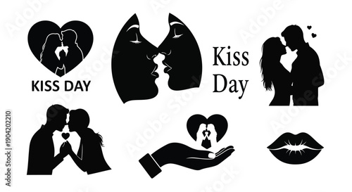 Valentine's day kiss day silhouettes with hearts and couples in love on white background