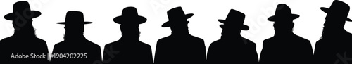 Hasidic Jewish men silhouette group wearing traditional hats, orthodox community lineup portrait, religious culture identity isolated white background vector illustration