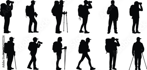 Black hiking silhouettes collection with backpacks, trekking poles, binoculars, outdoor explorer figures, adventure travel icon, nature exploration graphic