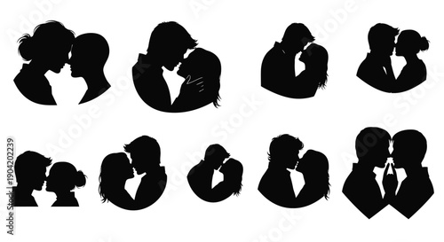 Various romantic couple silhouettes kissing and embracing in different positions on white background
