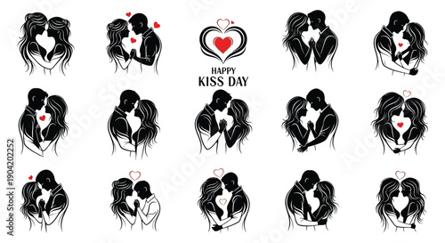 Various couples embracing and kissing with hearts on valentine's day happy kiss day celebration