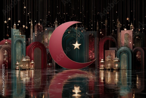 Decorative crescent moon and star illuminate an ornate, reflective scene with atmospheric lighting