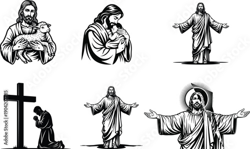 Illustrations of jesus christ in various biblical scenes and poses