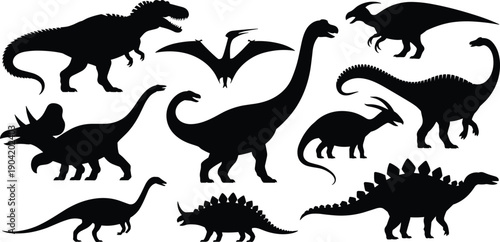 Dinosaur silhouettes vector set, prehistoric animals collection, black dinosaur icons, jurassic creatures illustration, isolated fossil themed graphic elements design bundle