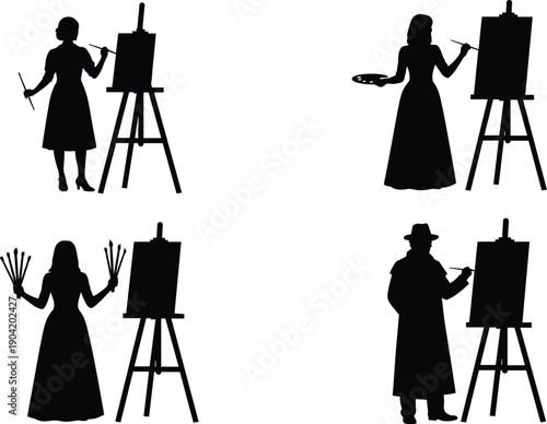 A large collection of professional artist silhouettes featuring male and female painters working at easels with brushes and palettes for creative studio art concepts.