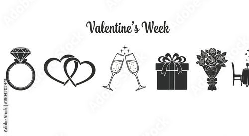 Valentine's week celebration icons with romantic symbols and gifts on white background