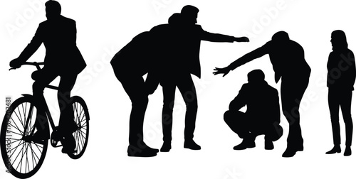 Business people silhouettes in action, cycling discussion teamwork gestures, professional men group poses, black vector illustration set, isolated white background