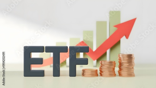 ETF letters with increasing stacks of golden coins a rising green bar graph and an upward red arrow symbolizing strong financial market growth and suc
