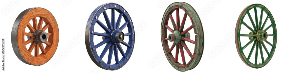 Fototapeta premium Set of Vintage Wooden Wagon Wheels, Colorful Antique Carriage Wheels Isolated on White Background