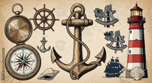 Nautical objects collection vintage style illustration.