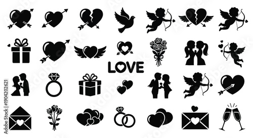 Collection of black valentine's day icons including hearts cupid love symbols gifts and romantic elements on white background