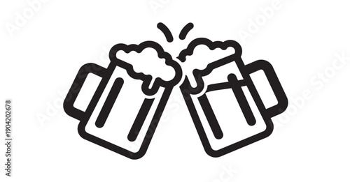 Black and white icon representing two frothy beer mugs clinking together in a joyful celebration toast