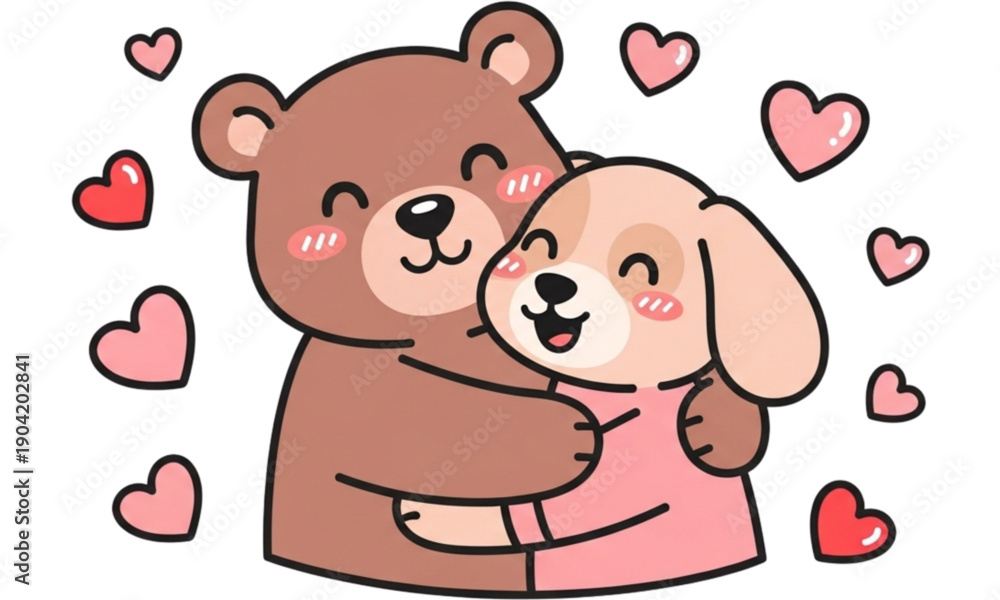 Obraz premium Adorable Bear and Dog Valentine Illustration