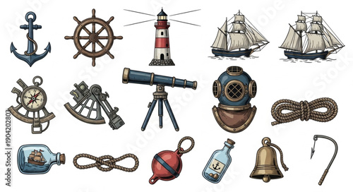 Nautical objects and maritime equipment collection illustration.