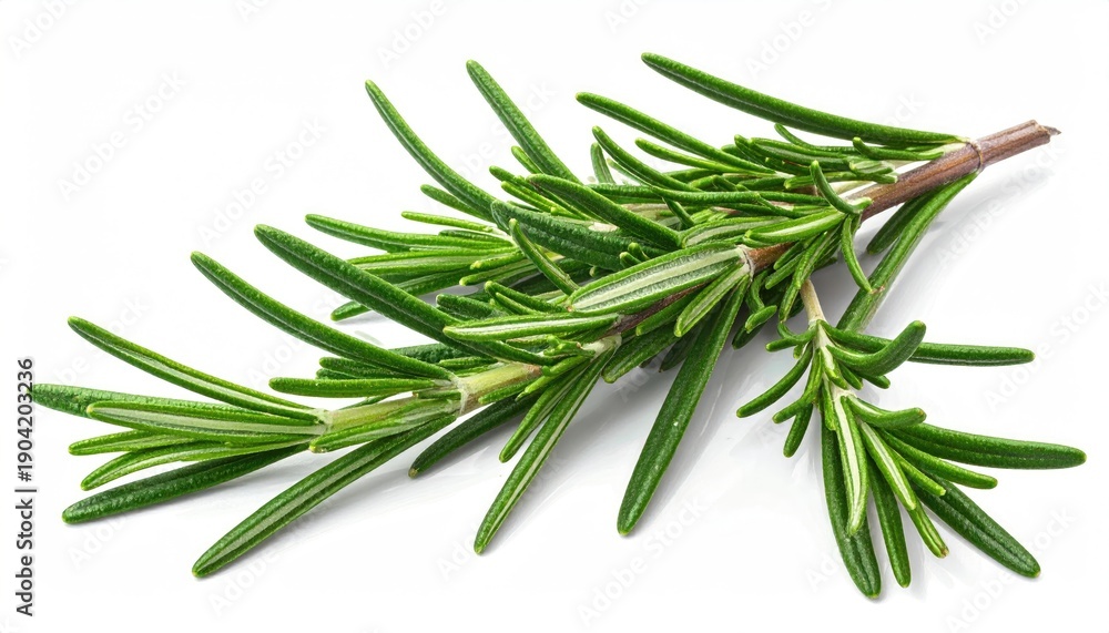 Fototapeta premium Rosemary sprig showing details of fresh green leaves against a plain white background