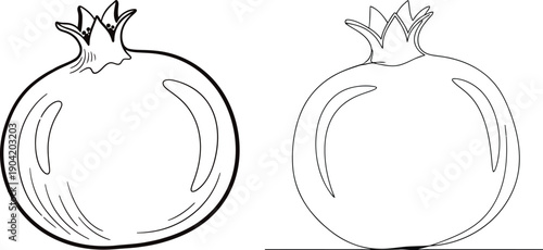A simple line drawing of a pomegranate fruit from a front viewpoint, showcasing its distinct shape and stem