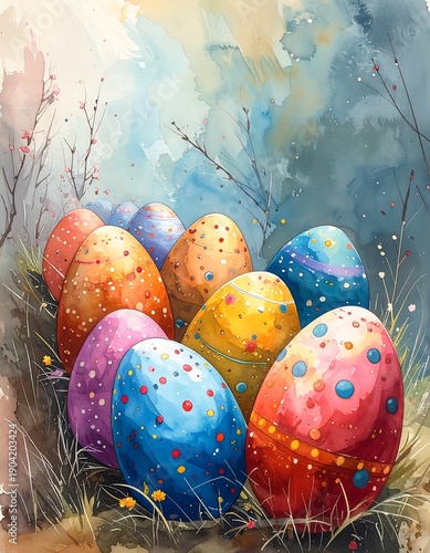Watercolor easter eggs on grass with muted background, festive, soft and colorful