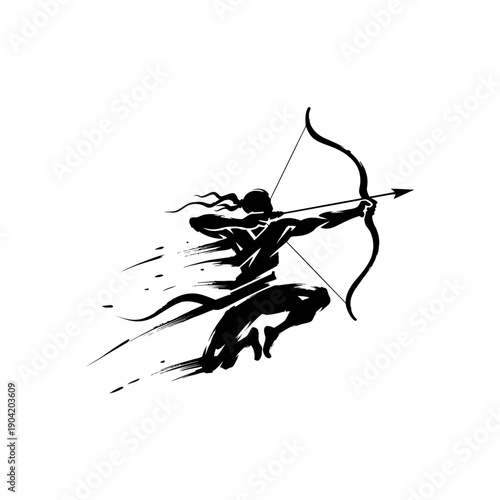 Dynamic silhouette of archer in motion with bow and arrow.